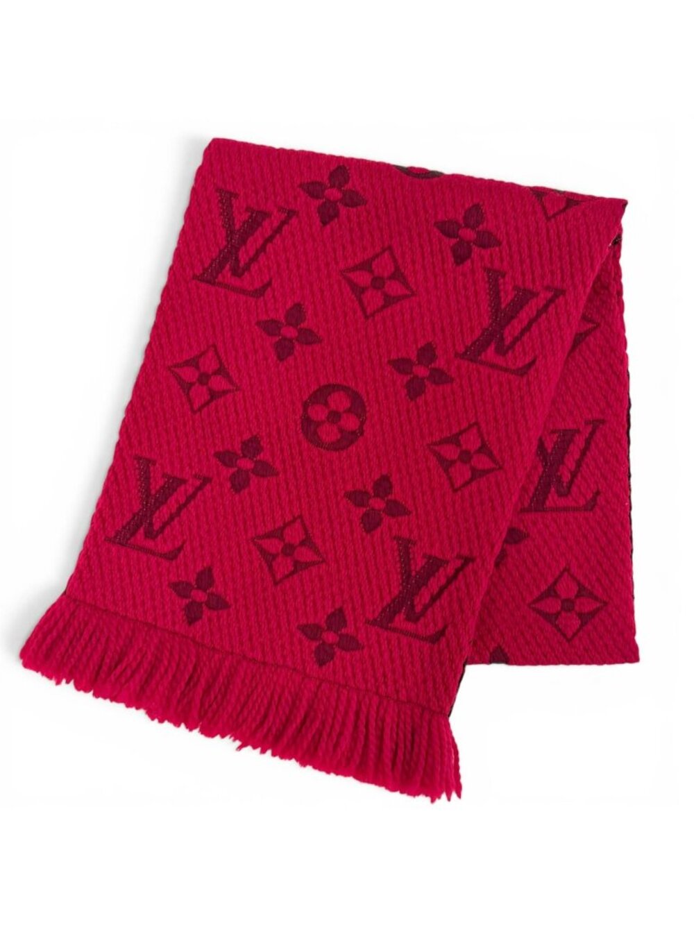 Louis Vuitton Logomania Scarf Wool Silk Ruby Monogram Fringe